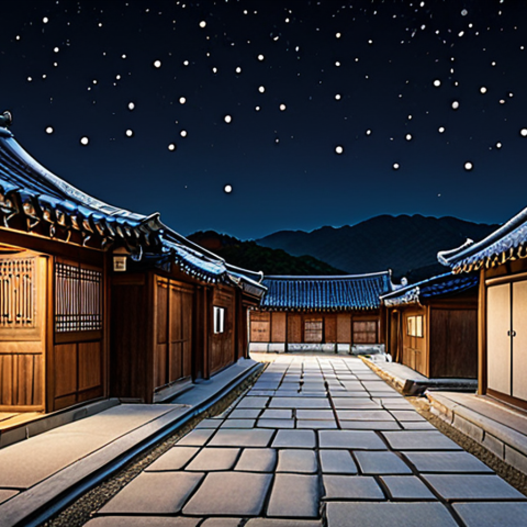 Traditional Korean houses in Gongju Hanok Village at night with stars.