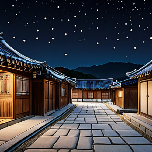 Home 4 Traditional Korean houses in Gongju Hanok Village at night with stars.