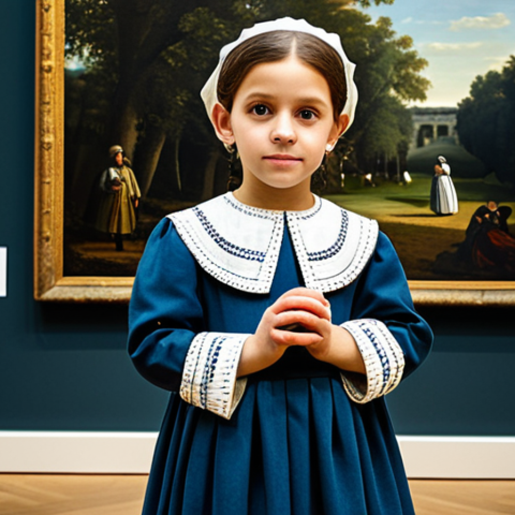 **
A child fully clothed in a modest historical outfit, mimicking the pose of a character in a famous painting inside an art museum. The background subtly displays the artwork. The scene is safe for work, with perfect anatomy, correct proportions, and a family-friendly atmosphere. High quality, professional photography.
**
