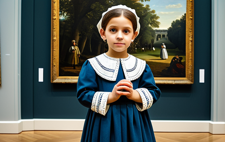 **
A child fully clothed in a modest historical outfit, mimicking the pose of a character in a famous painting inside an art museum. The background subtly displays the artwork. The scene is safe for work, with perfect anatomy, correct proportions, and a family-friendly atmosphere. High quality, professional photography.
**