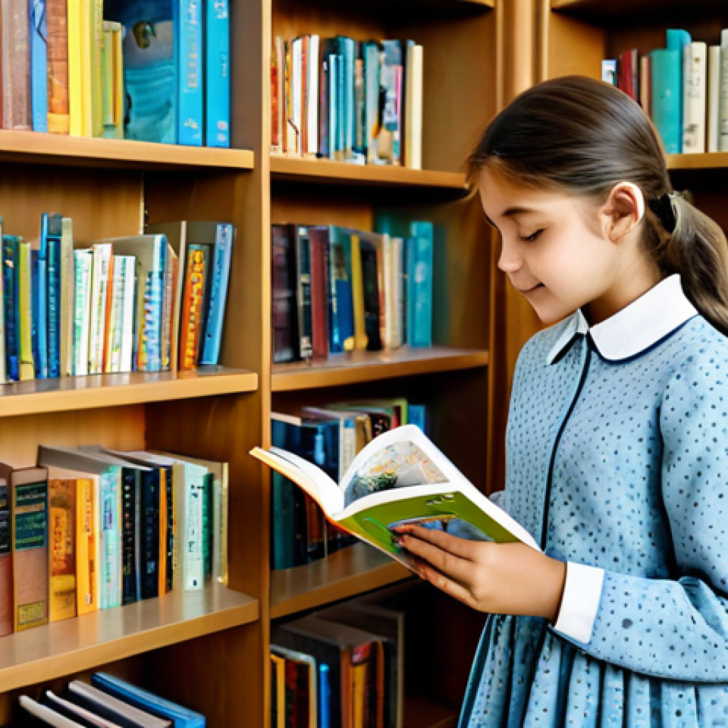 **
"A young girl in a modest dress, reading a picture book in a bright library, surrounded by bookshelves, soft lighting, fully clothed, appropriate content, safe for work, perfect anatomy, natural proportions, family-friendly, professional illustration, high quality."
**