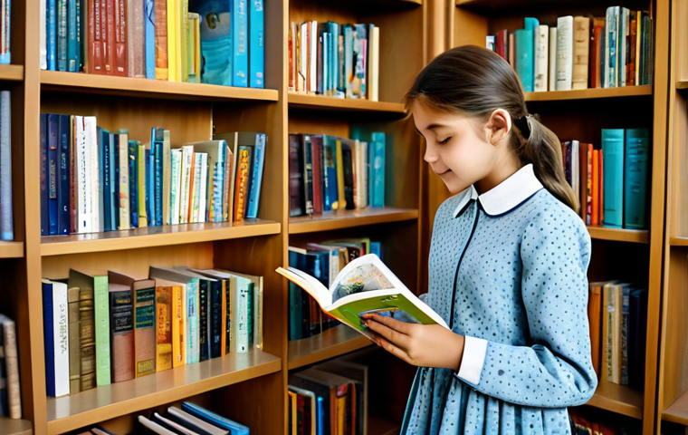 **

"A young girl in a modest dress, reading a picture book in a bright library, surrounded by bookshelves, soft lighting, fully clothed, appropriate content, safe for work, perfect anatomy, natural proportions, family-friendly, professional illustration, high quality."

**