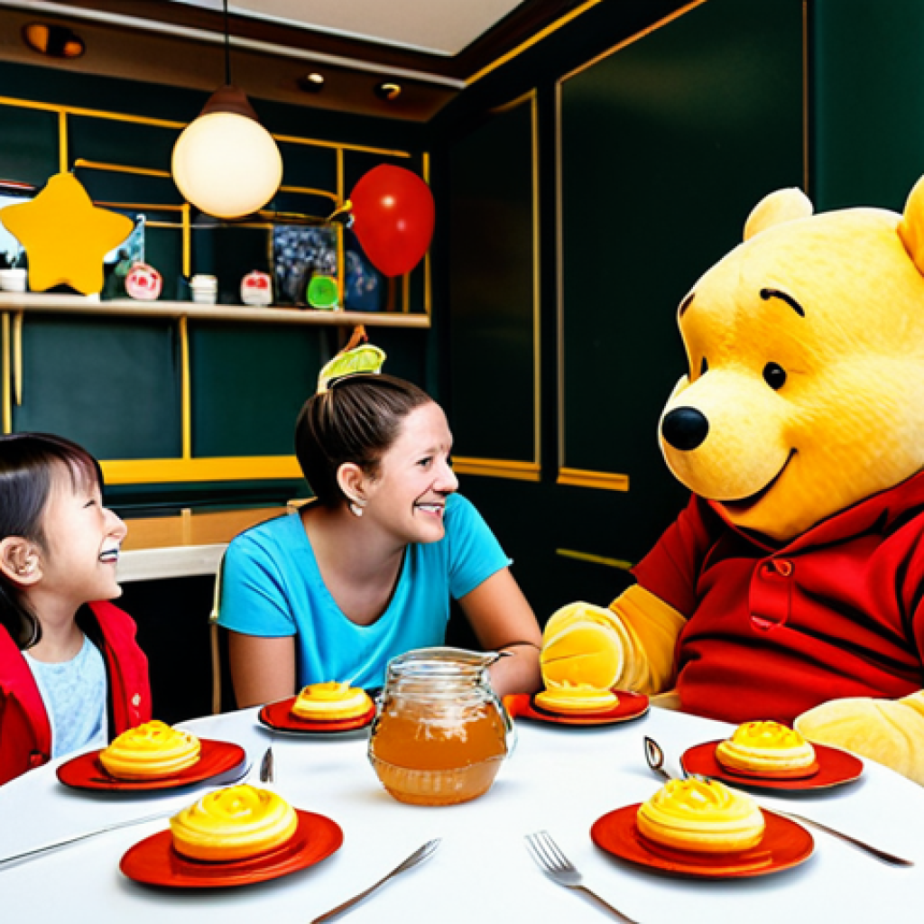 Theme Cafe**
"A family enjoying time at a 'Winnie the Pooh' themed cafe. The cafe is decorated with Pooh and friends. Children are excited looking at Pooh-shaped desserts and honey drinks. Fully clothed, appropriate attire, safe for work, perfect anatomy, natural proportions, family-friendly, professional photography, high quality, bright and cheerful atmosphere."
**