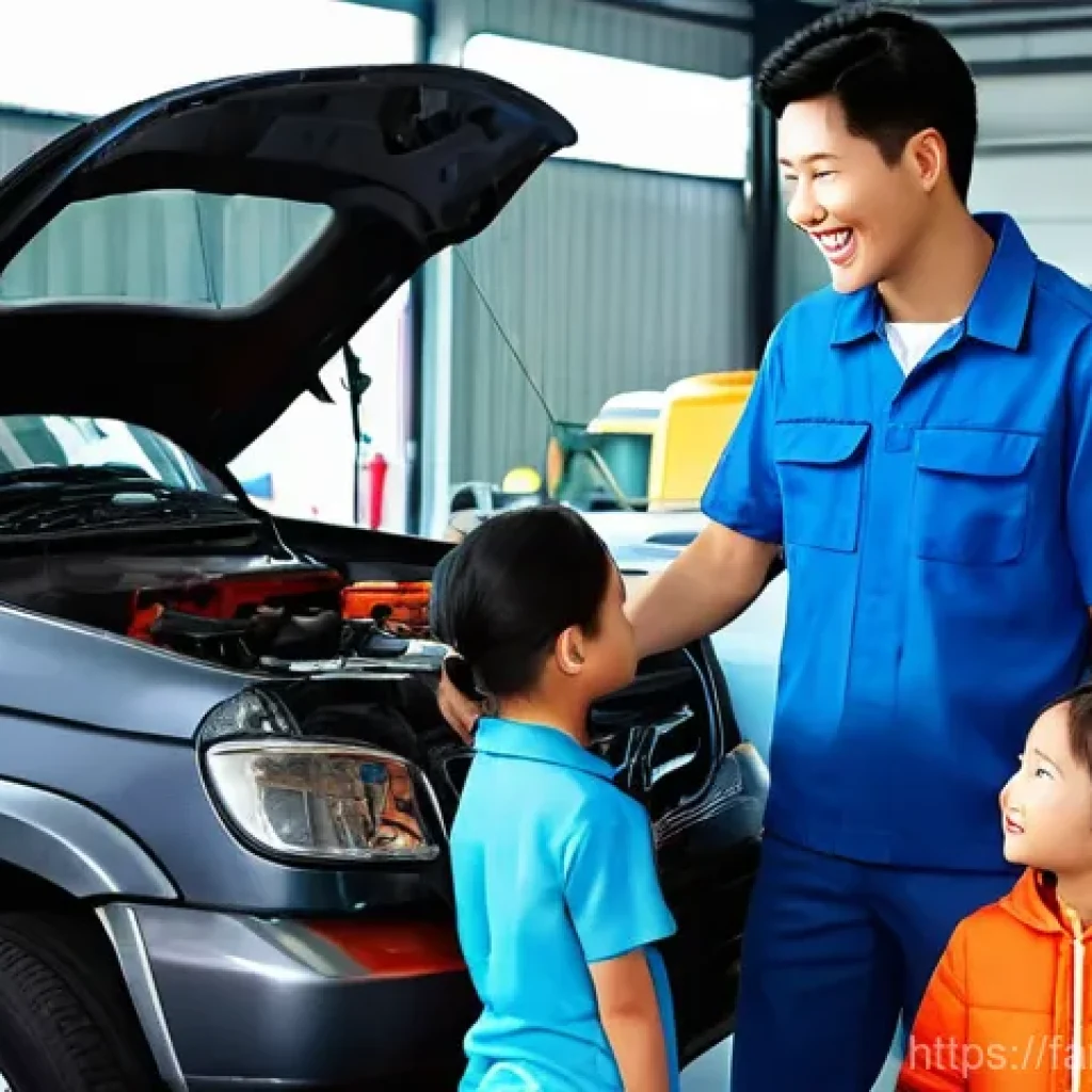 가족을 위한 자동차 캠핑 준비 - **Prompt 1: Pre-Camping Car Safety Check**
A happy Korean family of four (father, mother, a boy ...