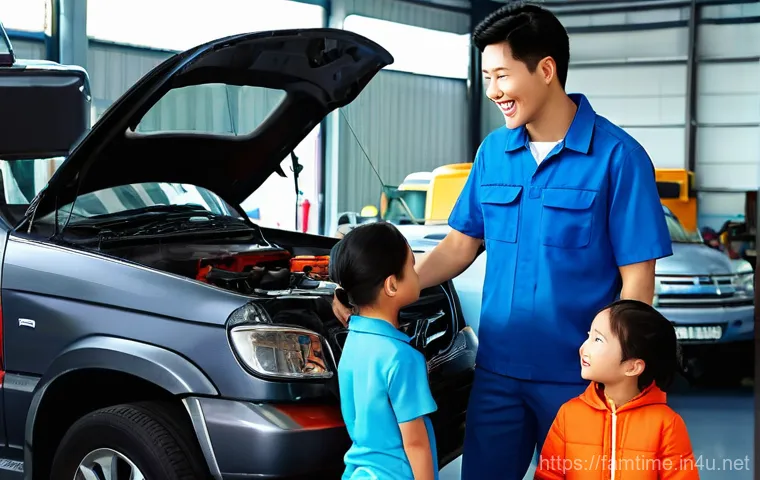 가족을 위한 자동차 캠핑 준비 - **Prompt 1: Pre-Camping Car Safety Check**
A happy Korean family of four (father, mother, a boy ...