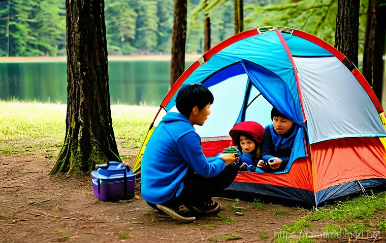 가족을 위한 자동차 캠핑 준비 - **Prompt 1: Pre-Camping Car Safety Check**
    A happy Korean family of four (father, mother, a boy ...