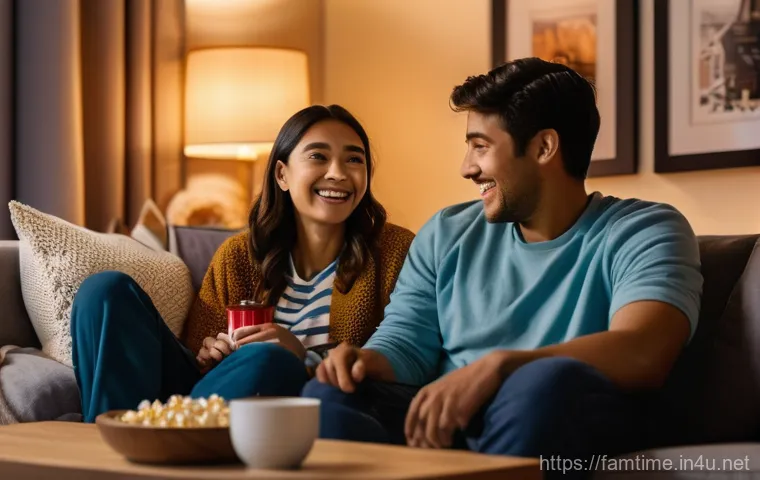 가족과 함께하는 해외 영화 감상 - **Cozy Family Global Movie Night:**
"A diverse family of four (mother, father, a young boy, and ...