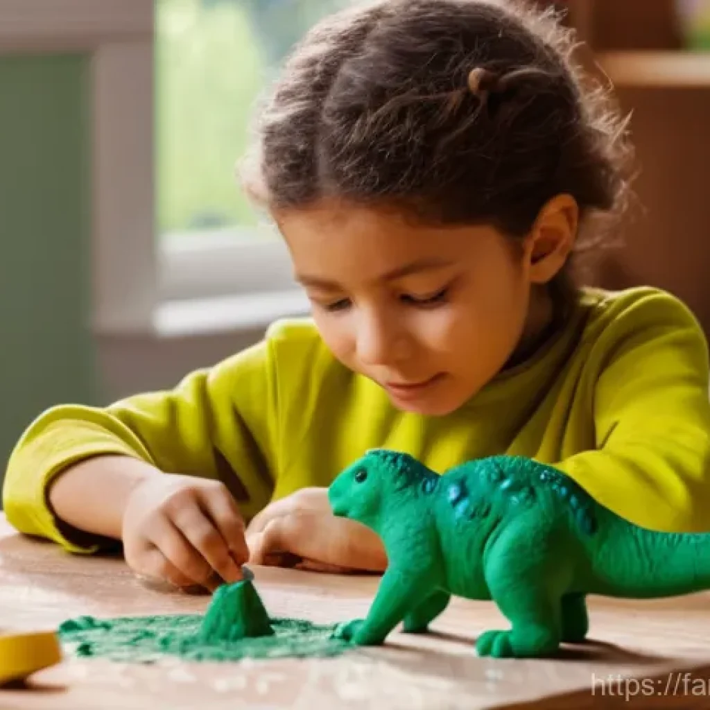 가족과 함께하는 클레이 아트 - **A young child, around 5-7 years old, is intensely focused on shaping a vibrant green clay dinosaur...