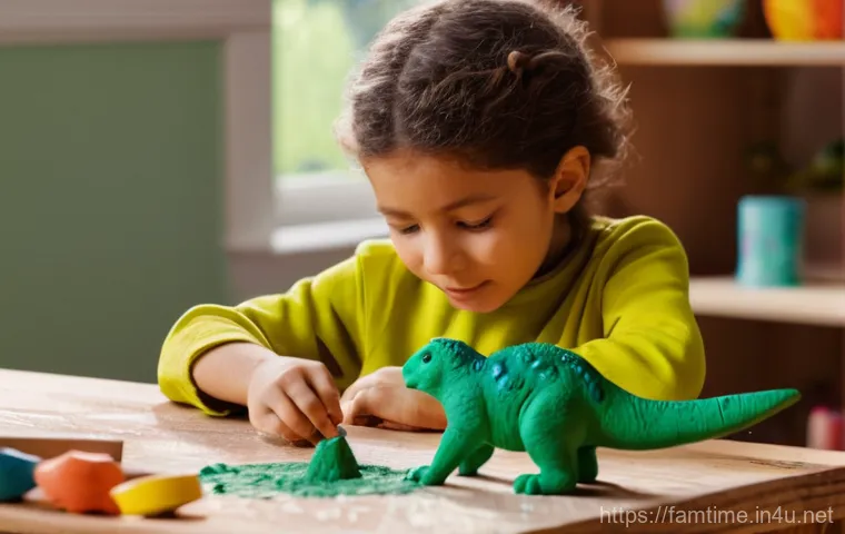 가족과 함께하는 클레이 아트 - **A young child, around 5-7 years old, is intensely focused on shaping a vibrant green clay dinosaur...