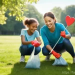 가족과 할 수 있는 봉사활동 - **"A diverse family (father, mother, two children aged 8 and 12) joyfully participating in a 'ploggi...