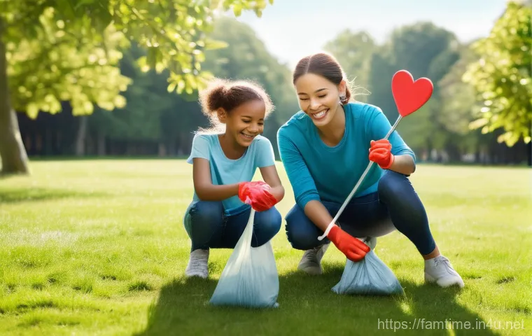 가족과 할 수 있는 봉사활동 - **"A diverse family (father, mother, two children aged 8 and 12) joyfully participating in a 'ploggi...