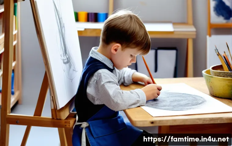 아이와 함께하는 드로잉 클래스 - A joyful elementary school-aged girl, around 8 years old, fully clothed in a casual, paint-splattere...