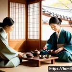 부모님과 함께하는 전통 차 체험 - An adult daughter is gently pouring traditional Korean tea for her elderly parents inside a beautifu...