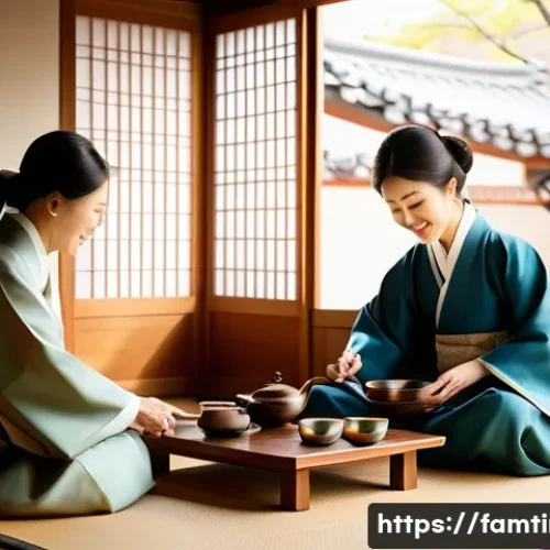 Home 13 부모님과 함께하는 전통 차 체험 - An adult daughter is gently pouring traditional Korean tea for her elderly parents inside a beautifu...