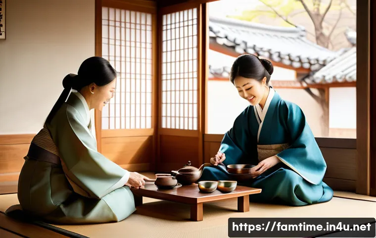 부모님과 함께하는 전통 차 체험 - An adult daughter is gently pouring traditional Korean tea for her elderly parents inside a beautifu...